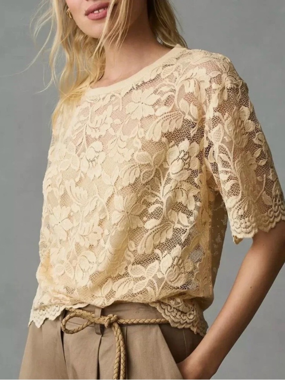 Anthropologie Cream Lace Short-Sleeve Blouse